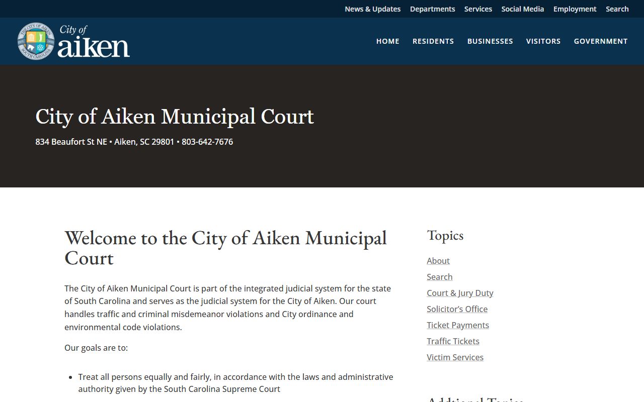 City of Aiken Municipal Court page for traffic court records and citation information