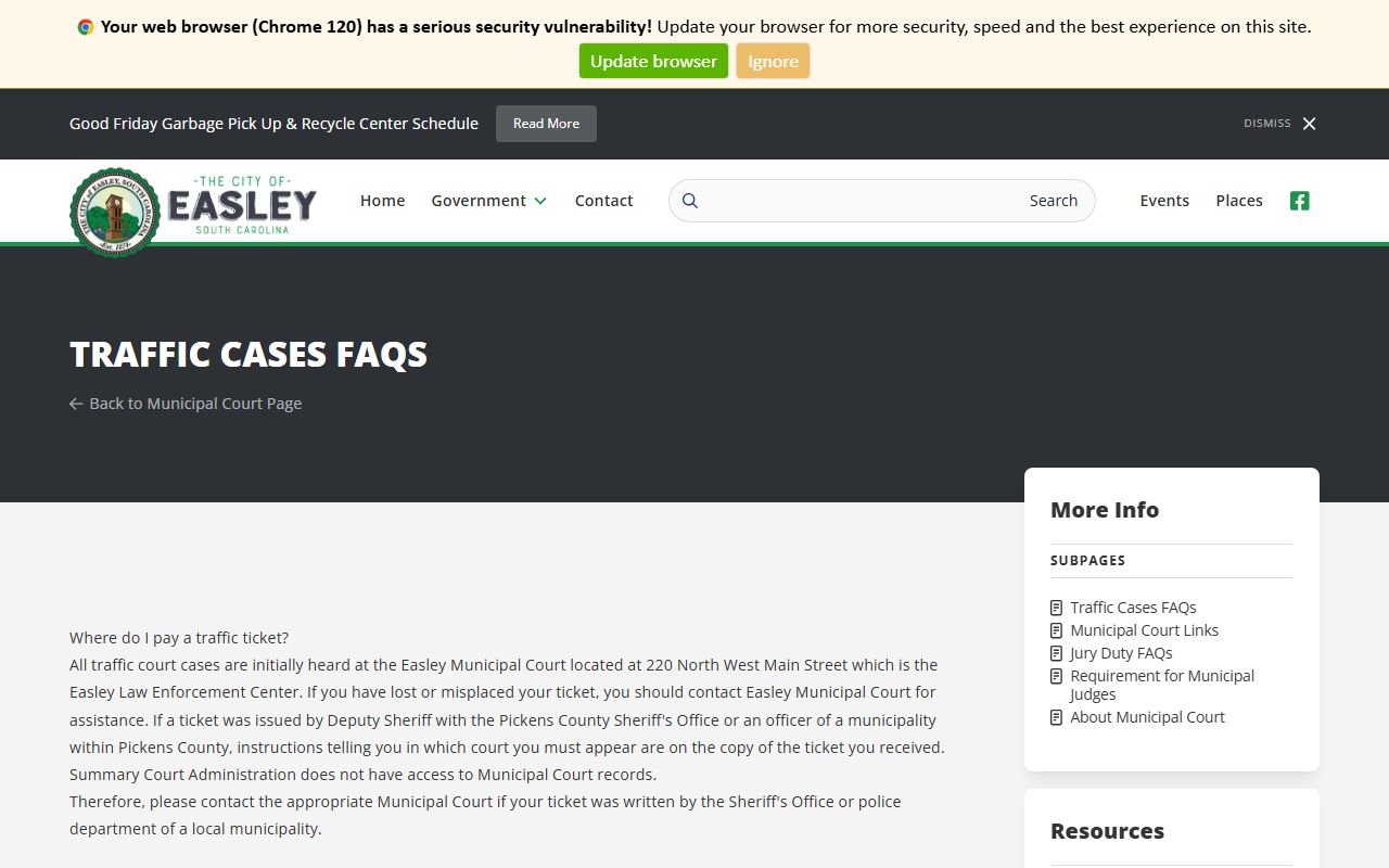 Easley Municipal Court traffic cases FAQ page for Easley traffic court records and procedures