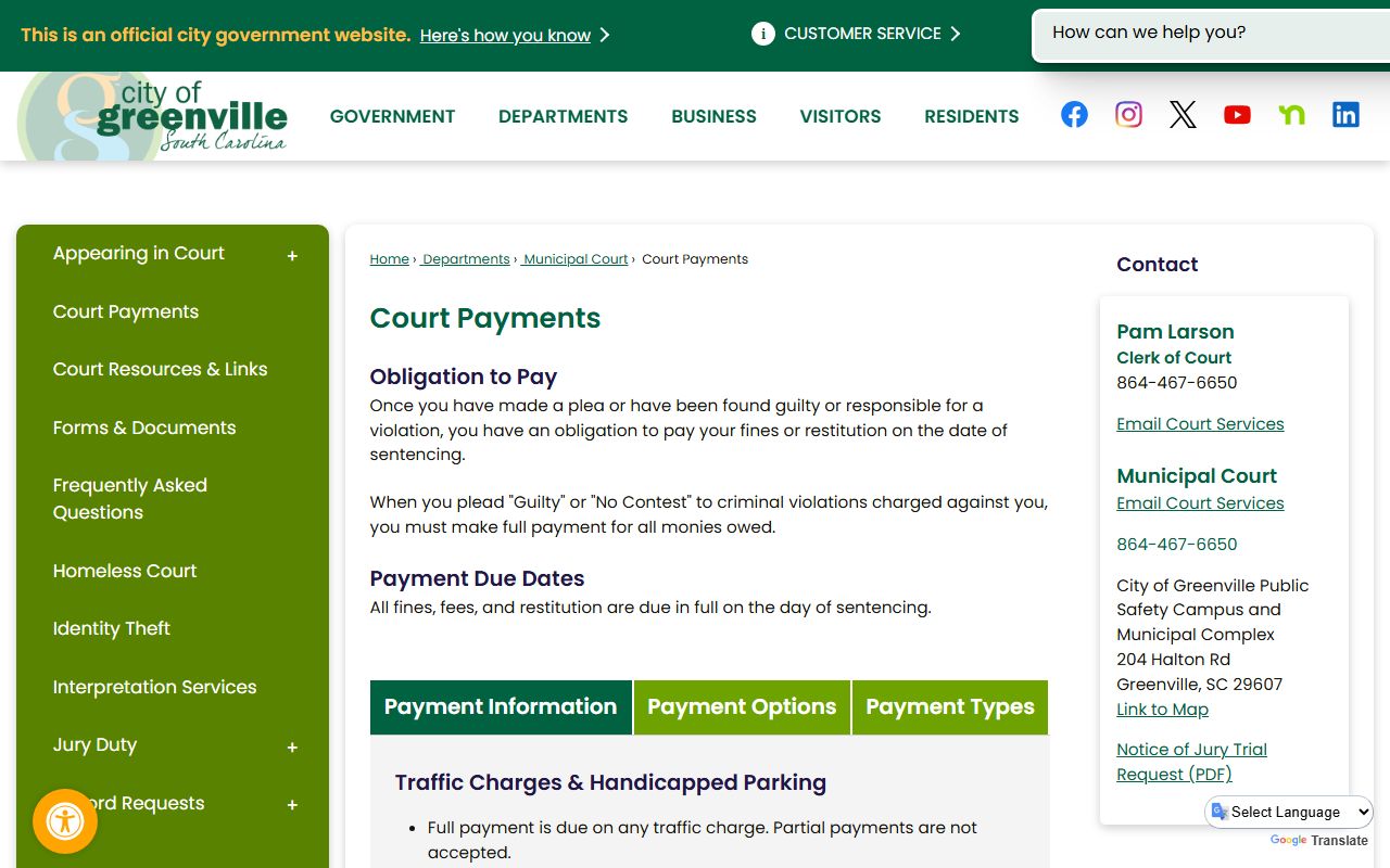 Greenville Municipal Court payments page for online traffic citation fine payment