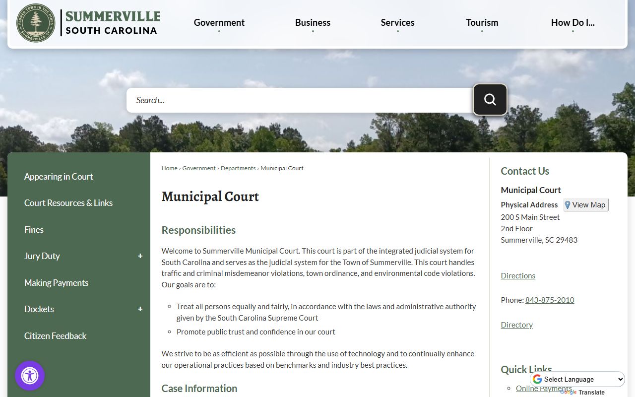 Summerville Municipal Court page for traffic records, session times, and payment options