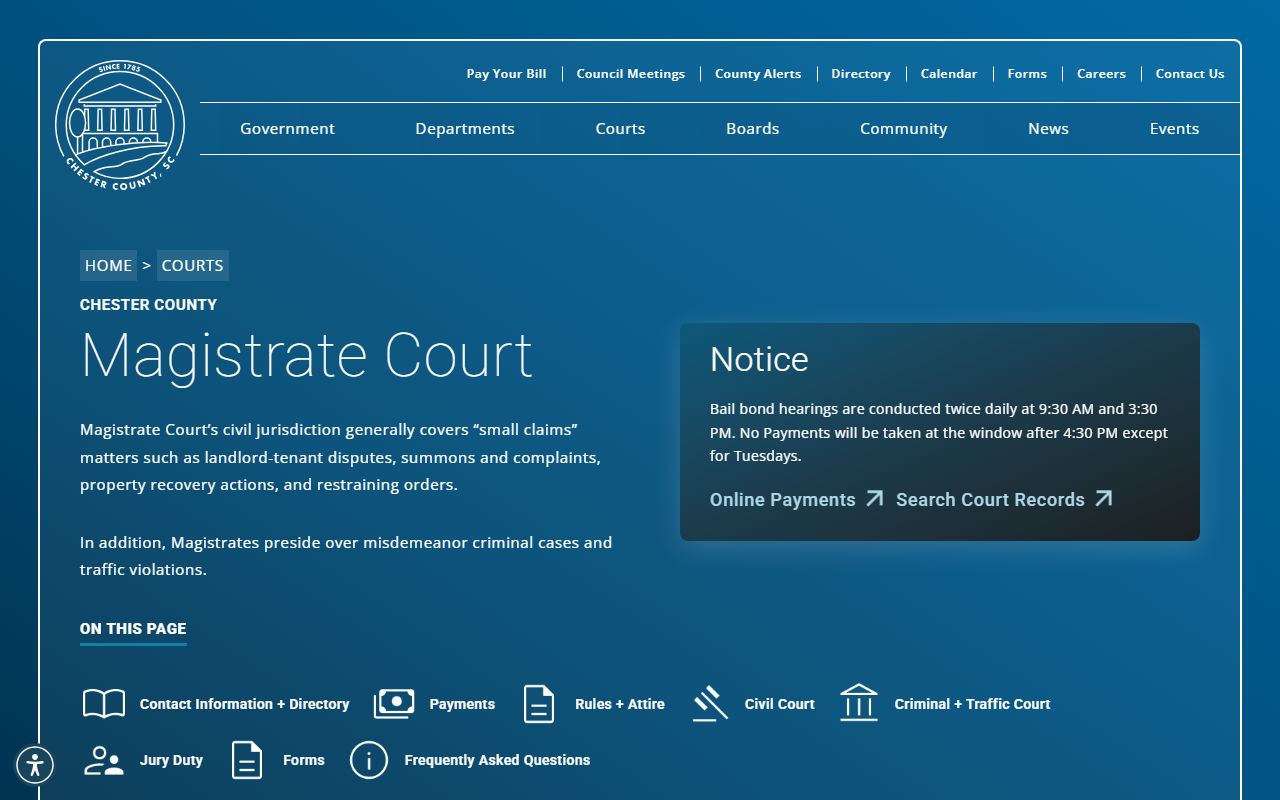 Chester County Magistrate Court page for traffic court records and citation information