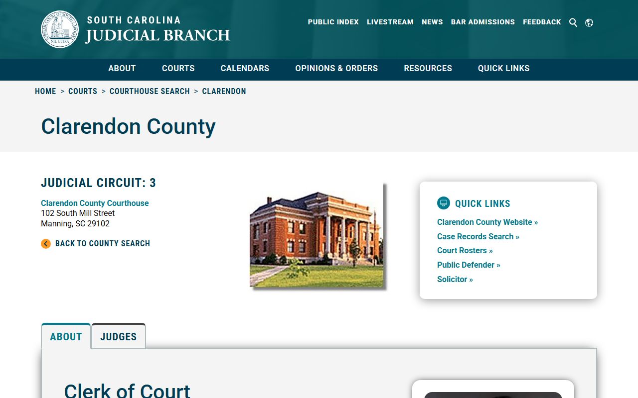 Clarendon County Clerk of Court page for traffic court records access