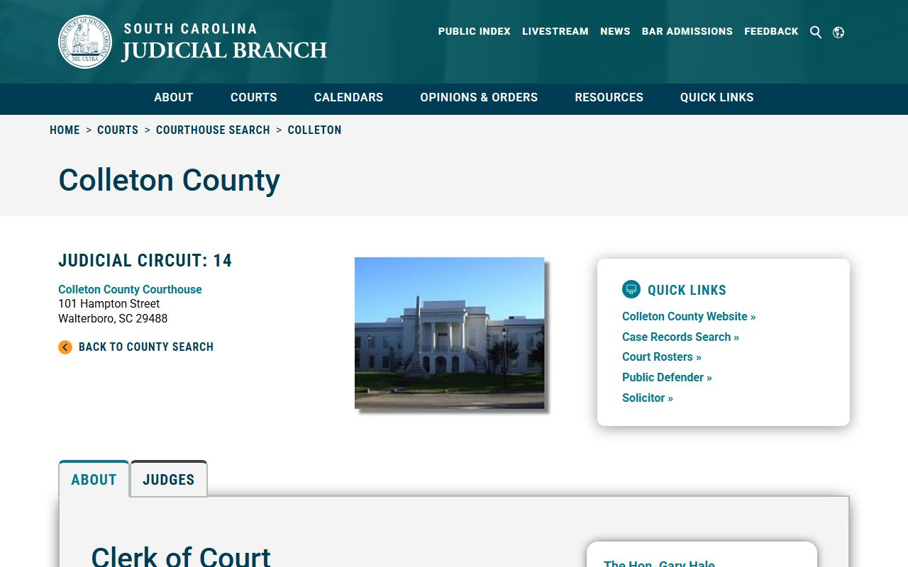 Colleton County Clerk of Court page for traffic court records access