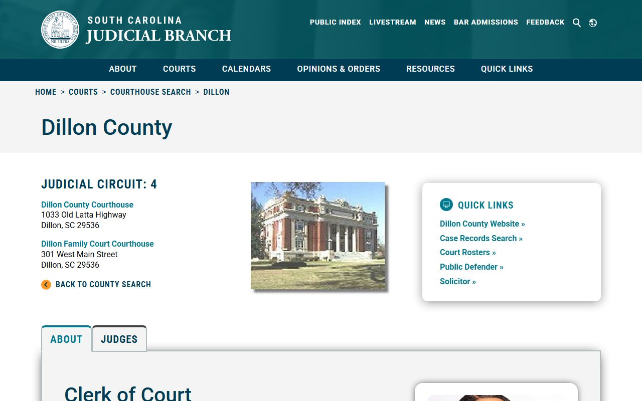 Dillon County Clerk of Court page for traffic court records access