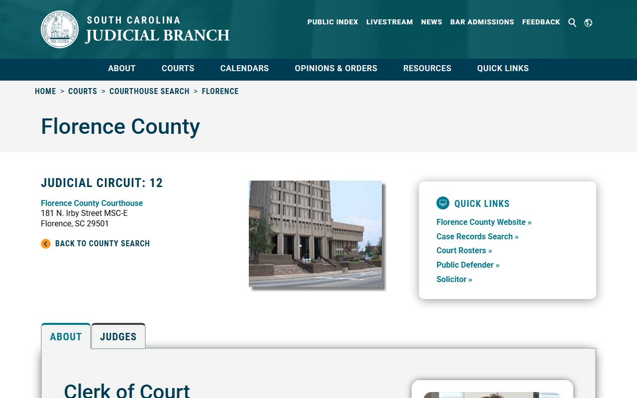 Florence County Clerk of Court page for traffic court records access