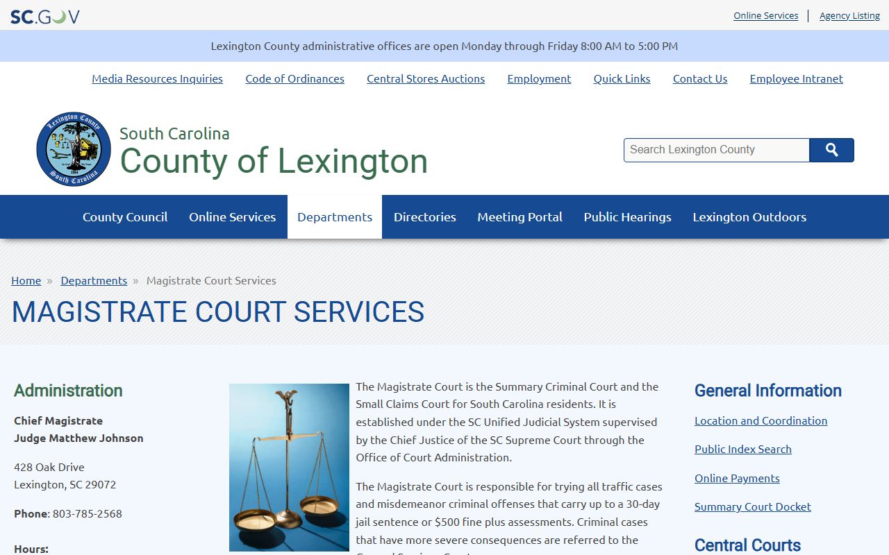Lexington County Magistrate Court Services page for traffic court records and citation information