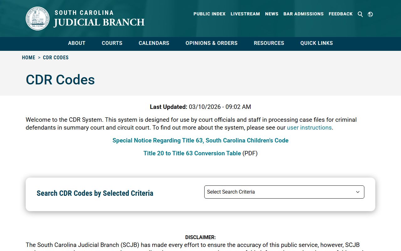 South Carolina CDR code search tool for identifying traffic offense codes in court records