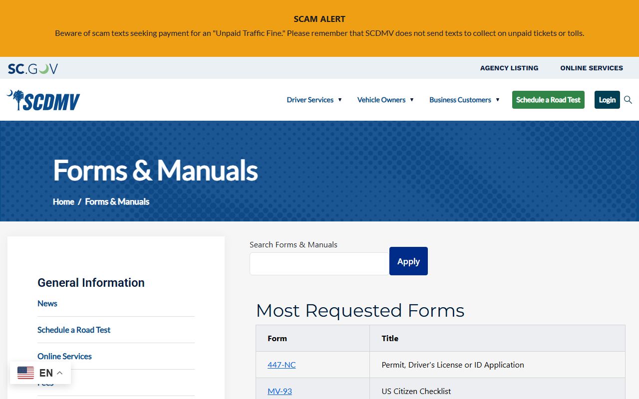 South Carolina DMV forms and manuals page including Form MV-70 for driving record requests