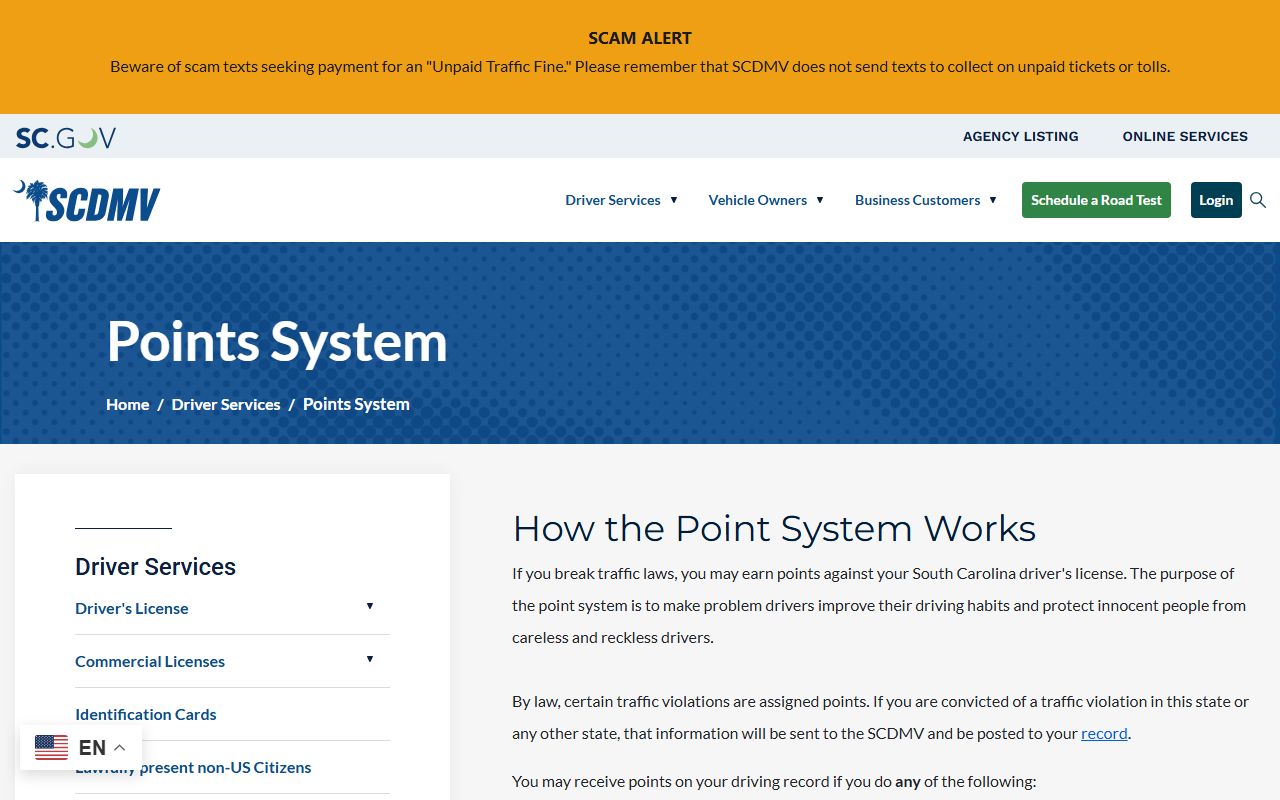 South Carolina DMV points system showing traffic violation point values and suspension thresholds