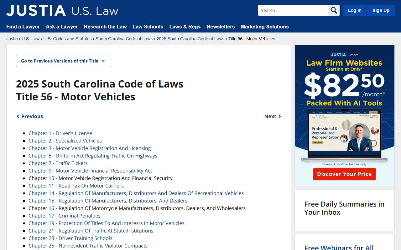 Justia South Carolina motor vehicle laws Title 56 for researching traffic court record charges