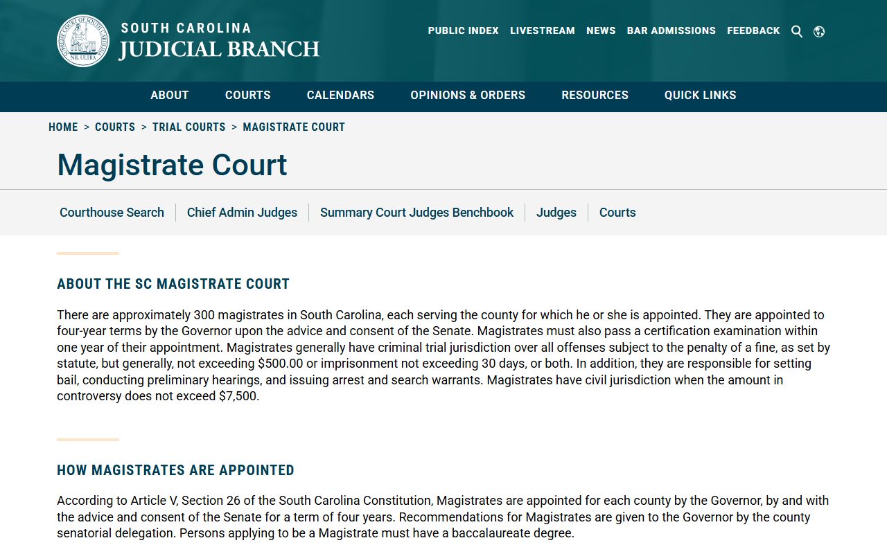 South Carolina magistrate court information page showing traffic court jurisdiction and procedures