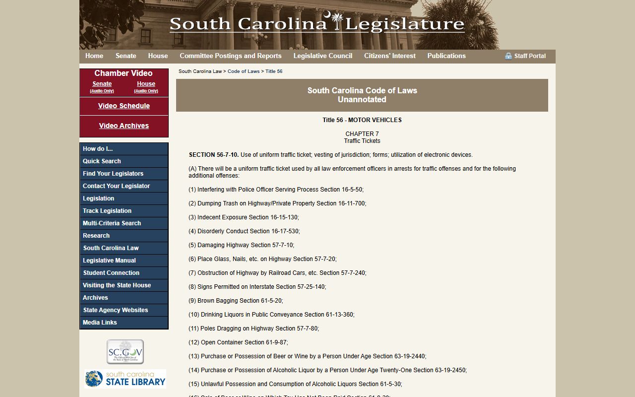 South Carolina Code Title 56 traffic laws that generate traffic court records