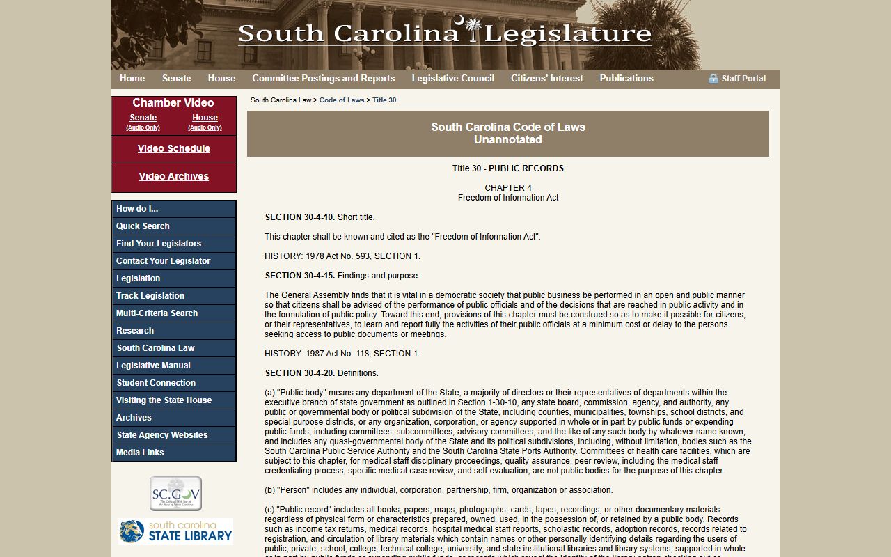 South Carolina FOIA Title 30 Chapter 4 for requesting public traffic court records