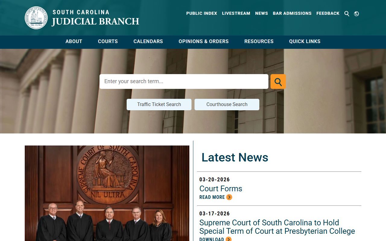South Carolina Judicial Branch main website for traffic court records