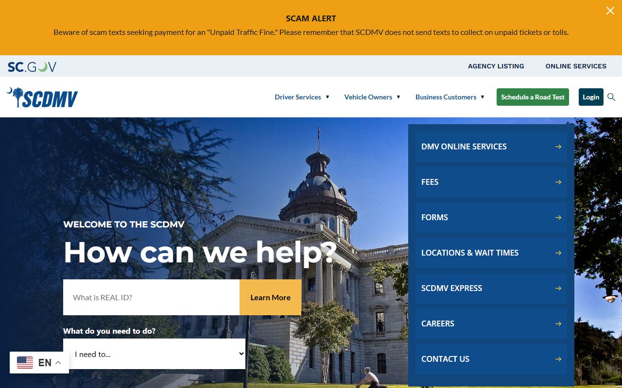 South Carolina SCDMV online services portal for driving records and traffic court related information