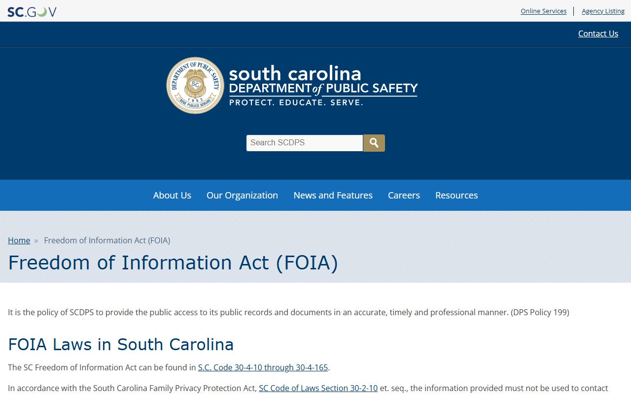 South Carolina Department of Public Safety FOIA page for requesting accident reports and traffic records