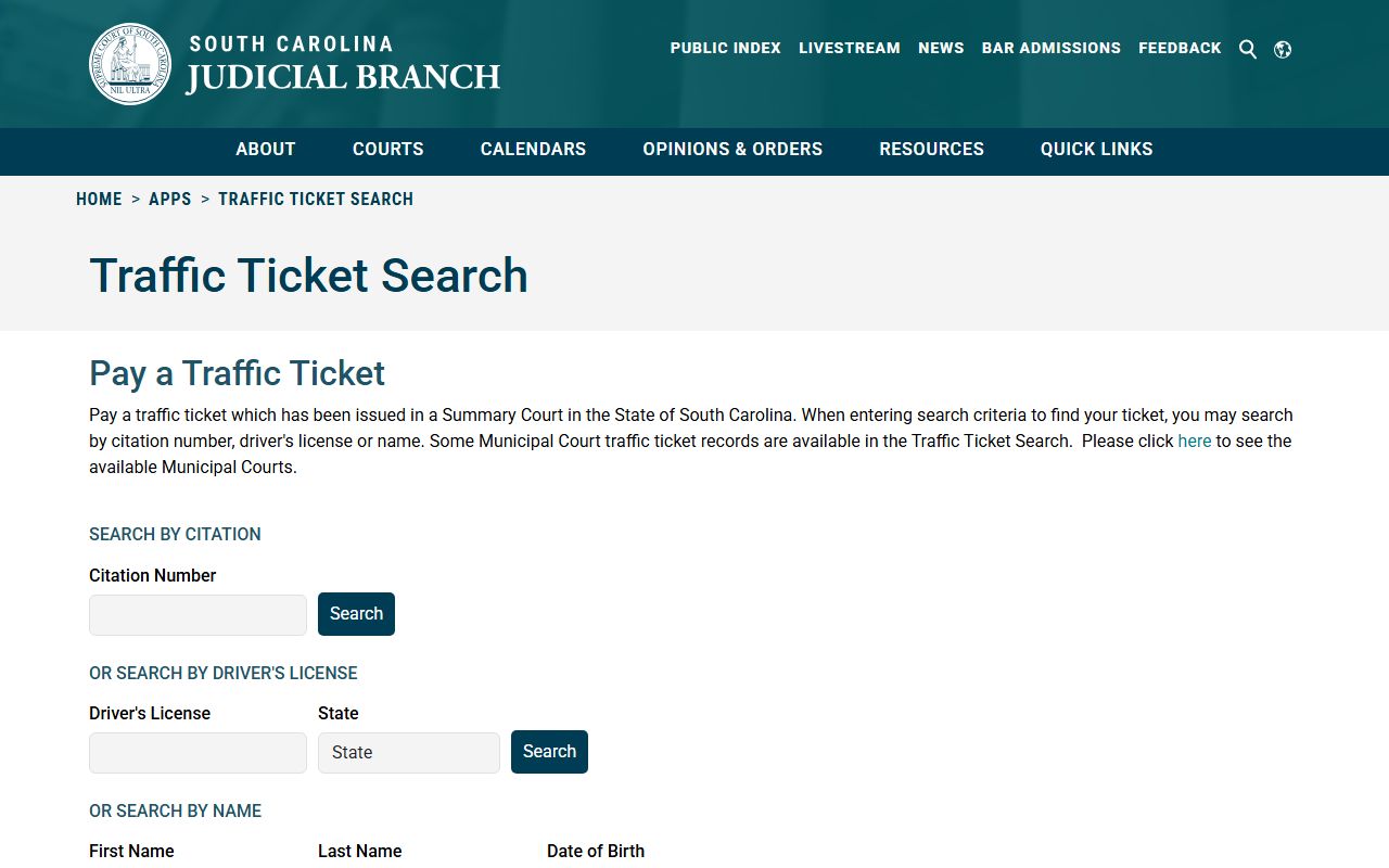 South Carolina traffic ticket search portal for finding citations and court records